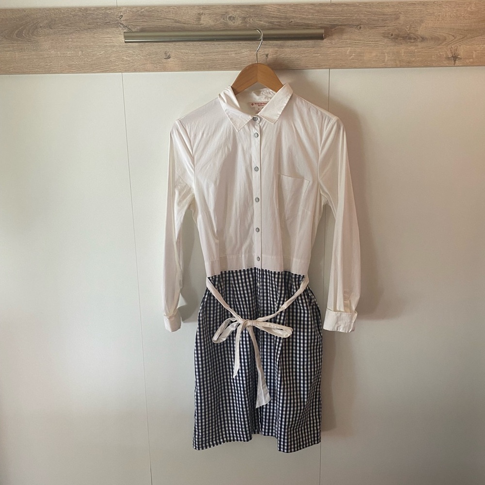 White and Blue Raglan Midi Dress with Mandarin Collar